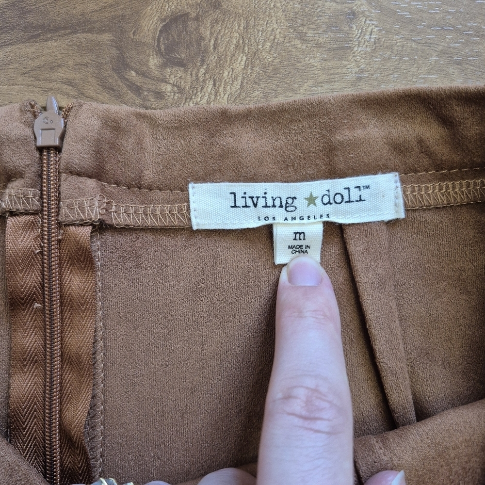 Living Doll Women's Brown Faux Suede Wrap Mini Skirt with Tie Belt Size M - Picture 3 of 5